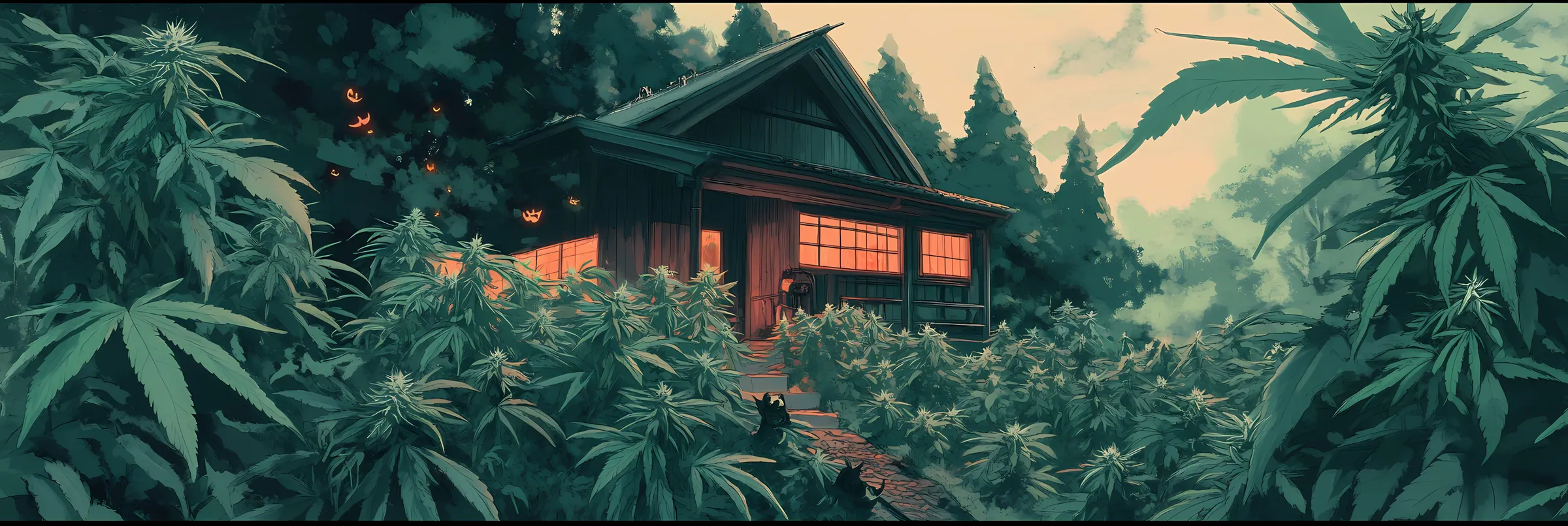 Illustrated farmhouse surrounded by mature cannabis plants at dusk