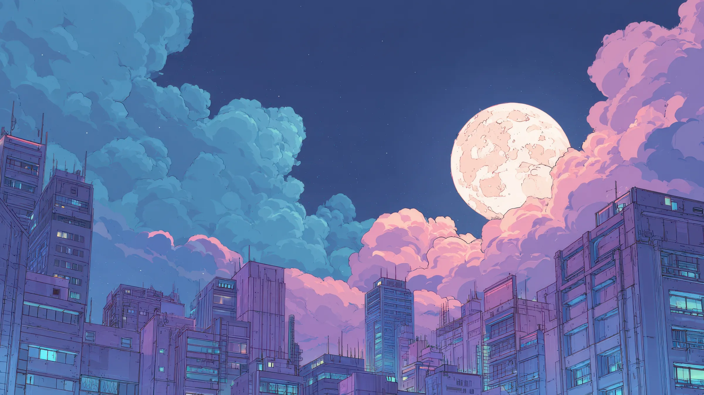 Illustrated city at night under a full moon