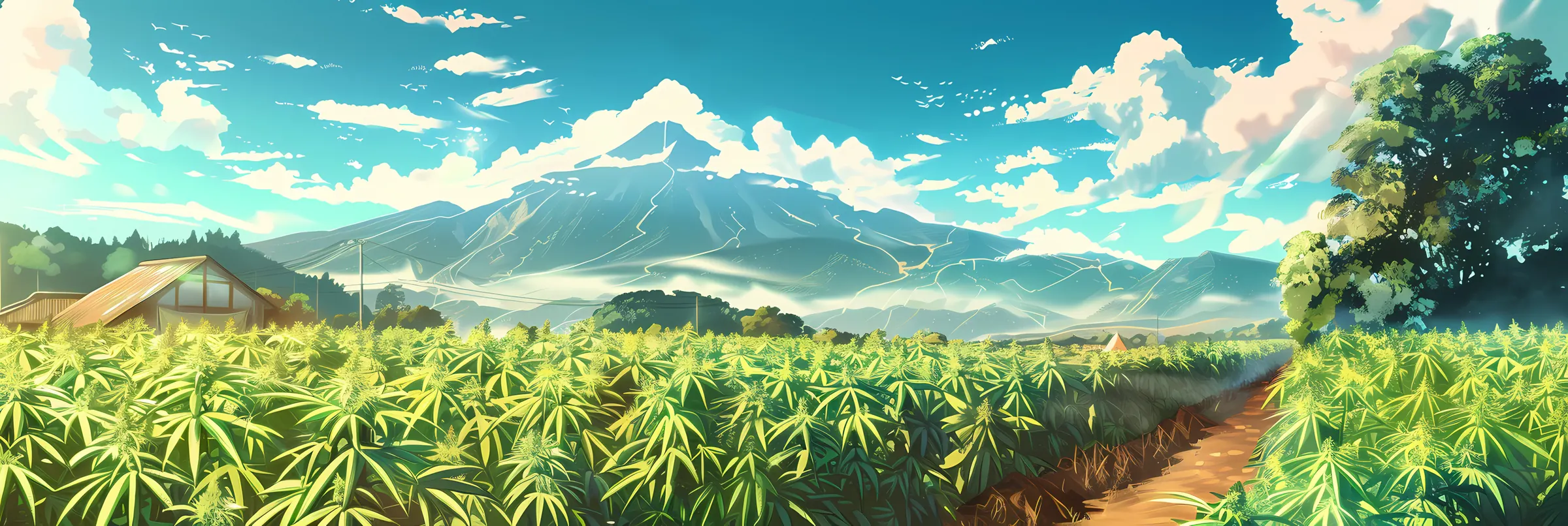 Illustrated cannabis farm beneath snow-capped mountains