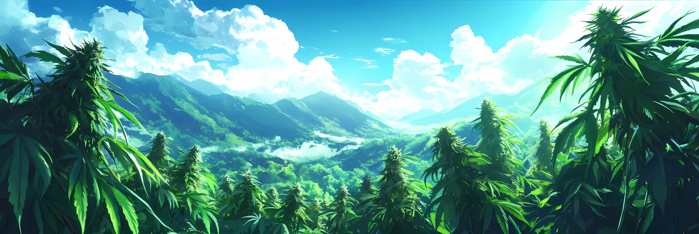 Illustrated cannabis cultivation across rolling hills