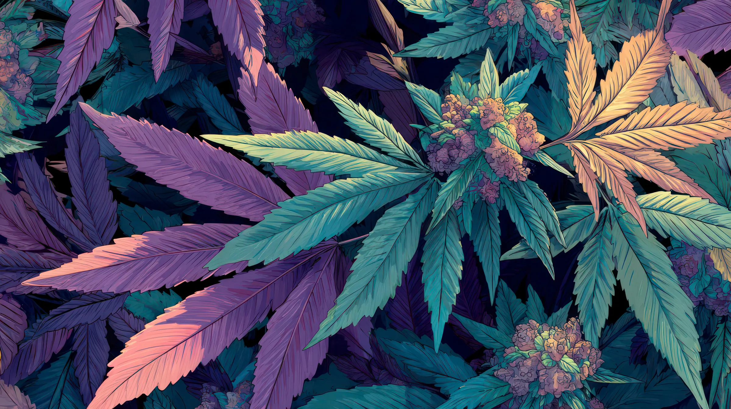 Illustrated cannabis leaves in purple and teal