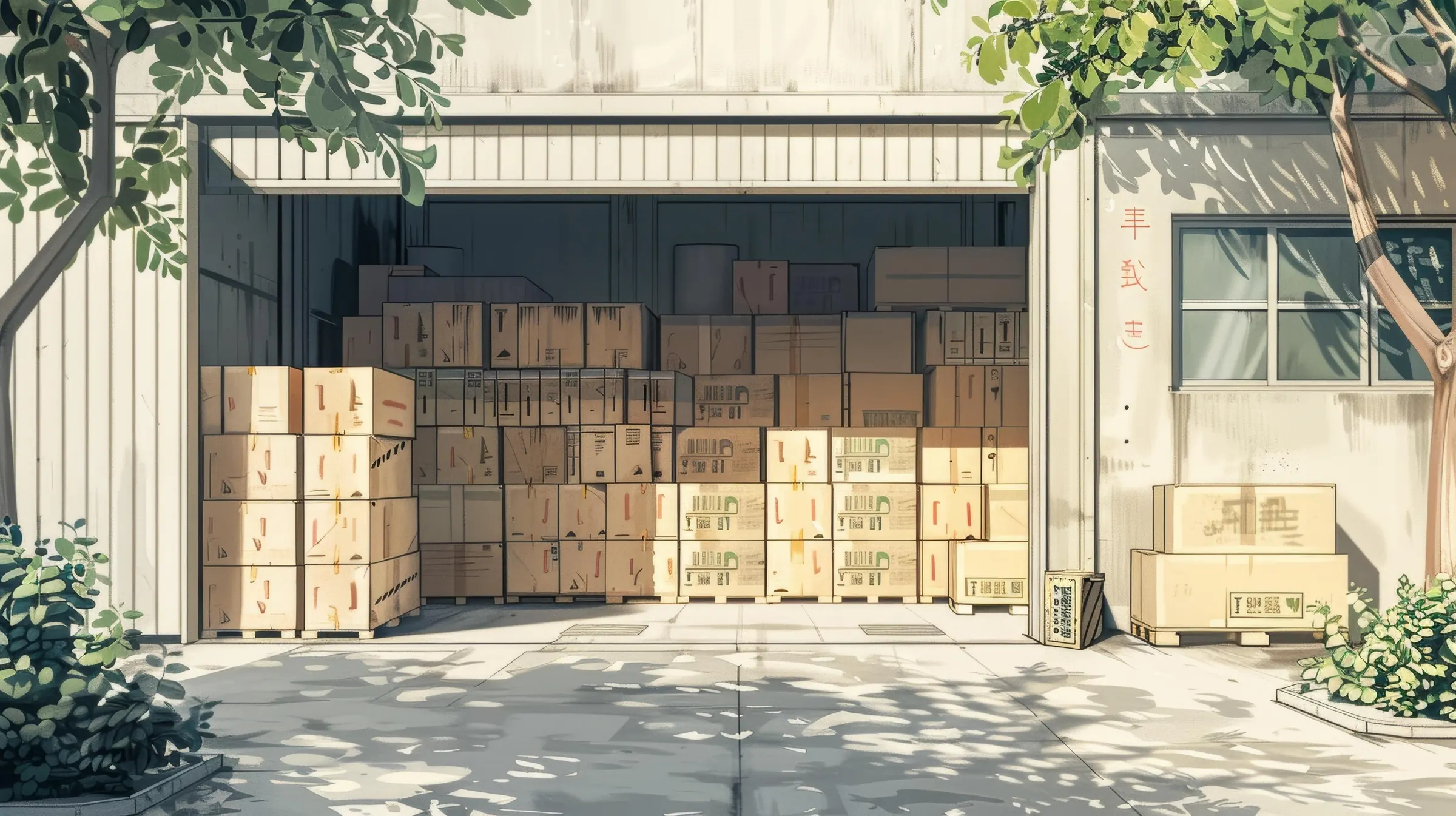 Illustrated loading dock stacked with packed cartons