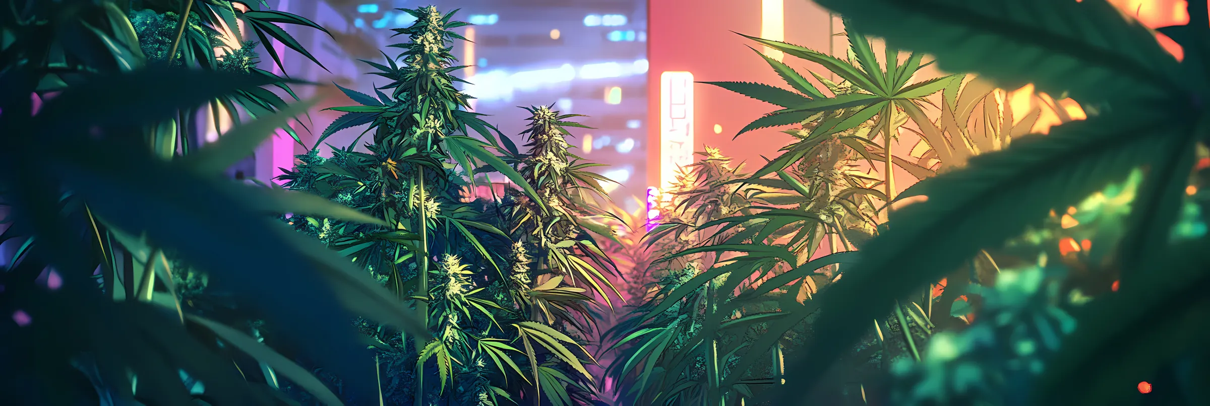 Illustrated cannabis plants glowing under city lights at night