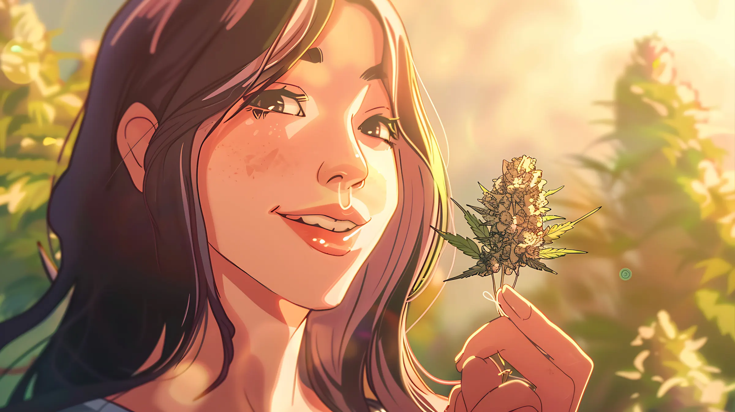Illustrated customer smiling and holding a cannabis flower