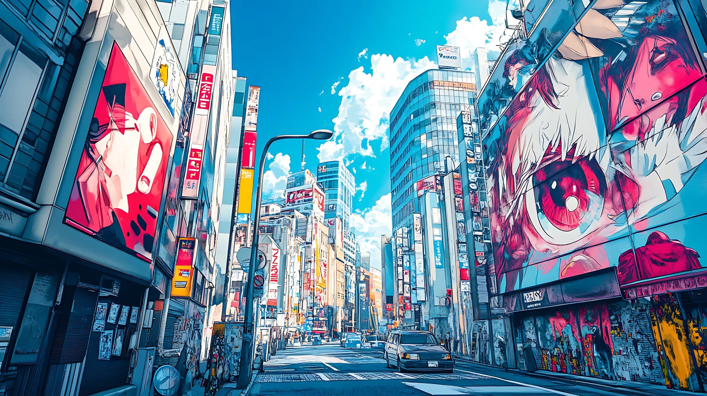 Illustrated city street with storefronts and murals