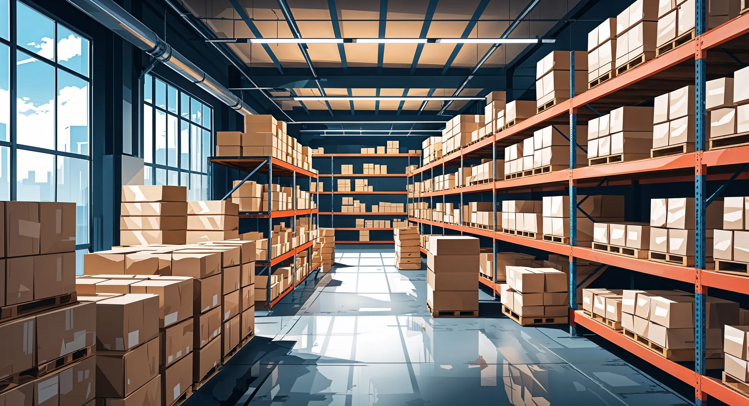 Illustrated stock room with shelves of boxed inventory