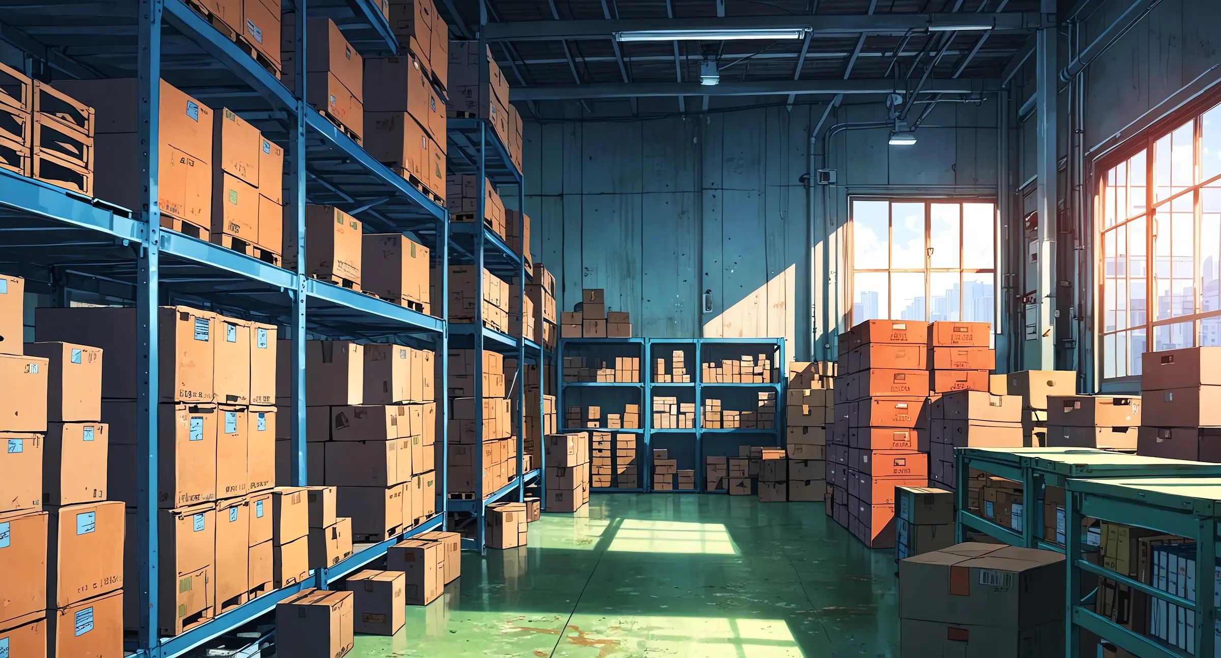 Illustrated distribution warehouse with stocked shelves